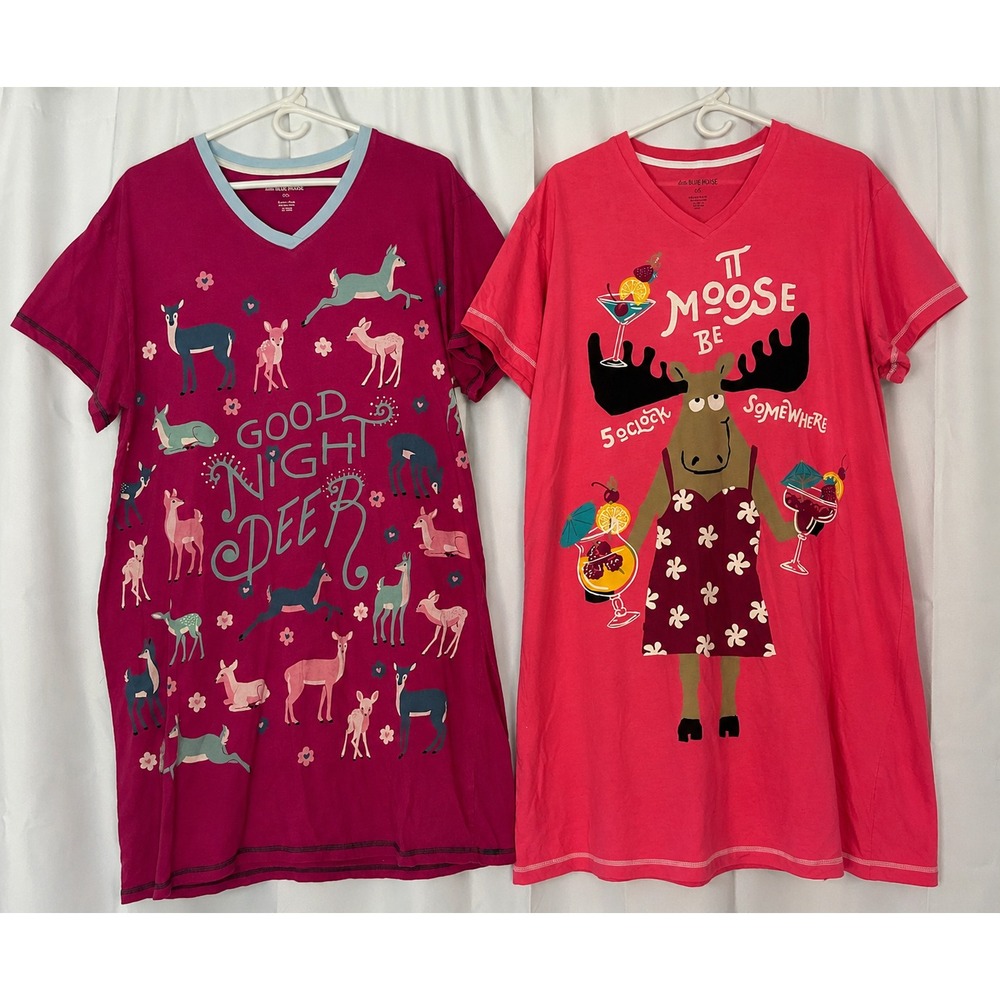 Little Blue House O/S Nightshirt Lot 2 Deer Moose Graphic Cotton Pajama Sleep Te